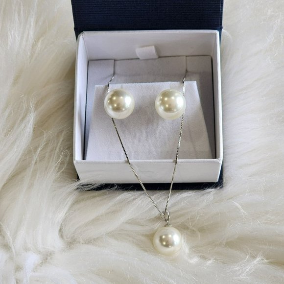 925 Sterling Silver 12mm White Shell Pearl Pendant Necklace And Earrings Set NEW - Picture 4 of 16